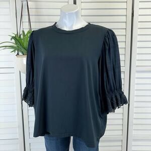 Laura Ashley Black Short Puff Sleeve Lace Trim Blouse Top Tee Shirt Plus Size 2X